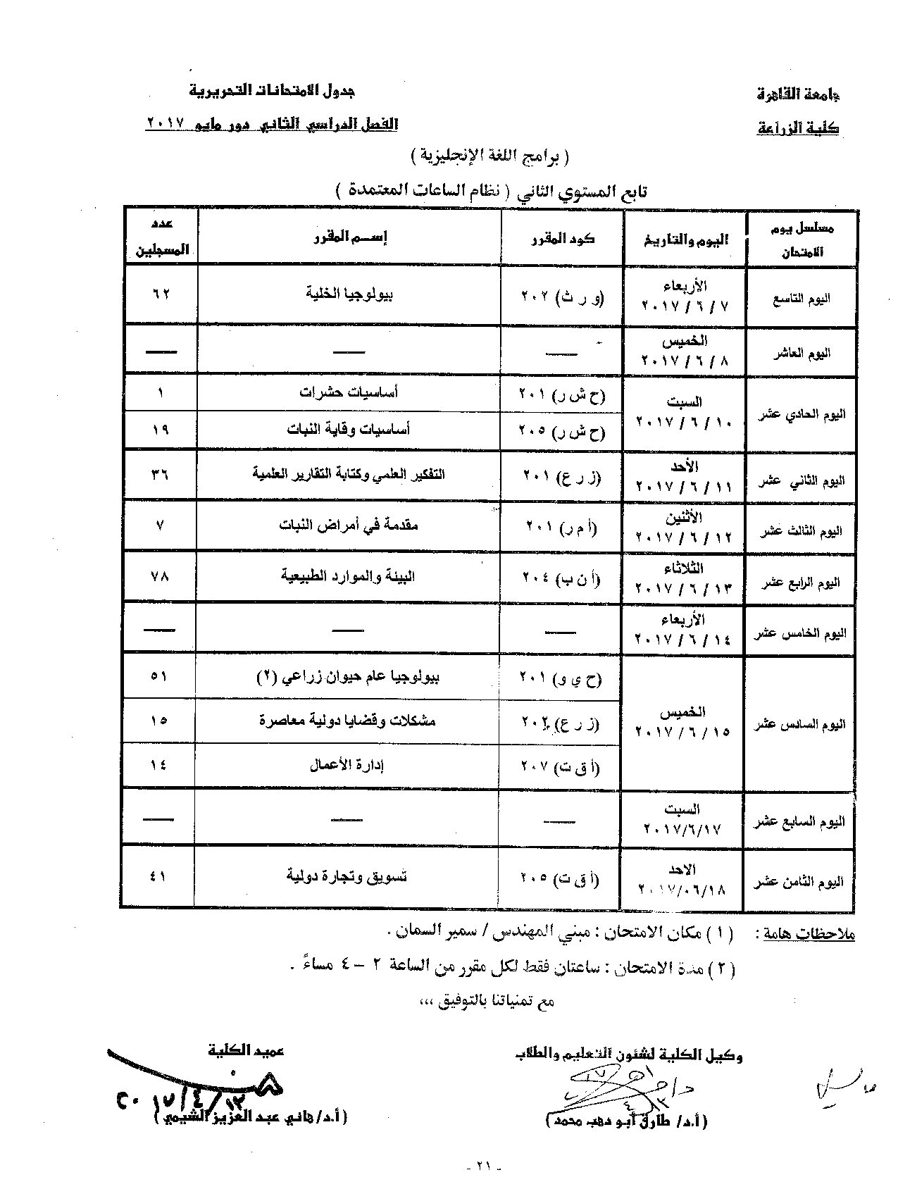                            جدول الامتحانات   الفصل الدراسي  الثاني   دور  مايو   2017 